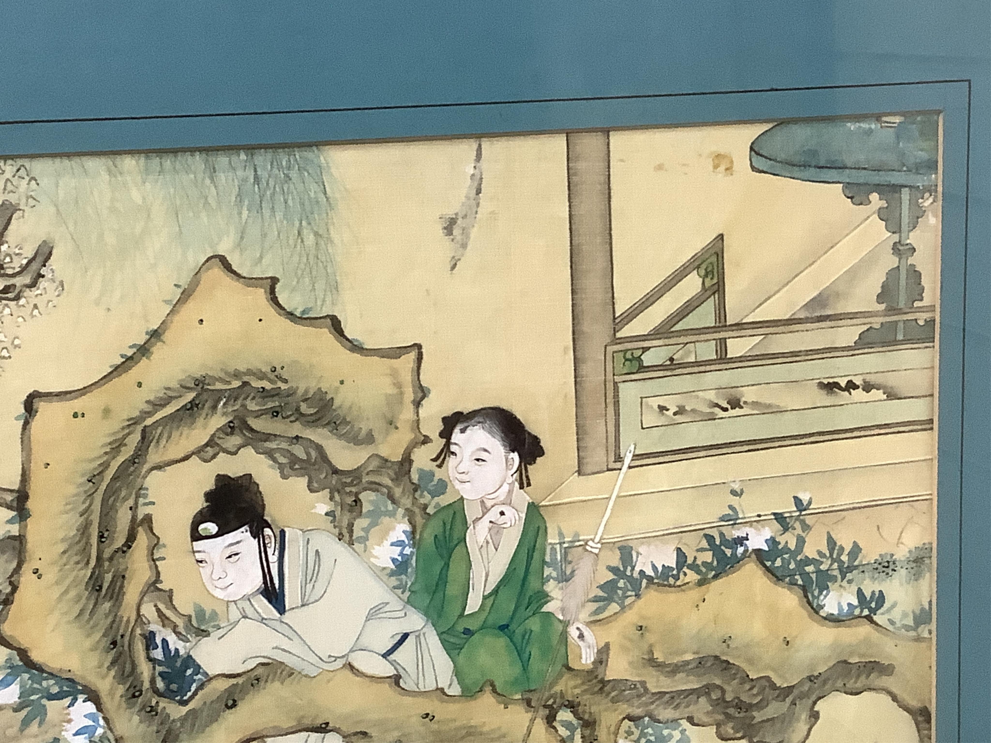 Chinese School (early 20th century), a pair of paintings on silk, Immortals in the heavens including Shou Lao and Xi Wangmu and figures by a lake, 35 x 53cm